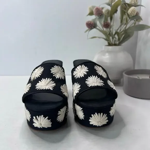 Kate Spade Ibiza Pom Pom Floral Platform Sandal Black/White Women's 7B - Picture 2 of 11